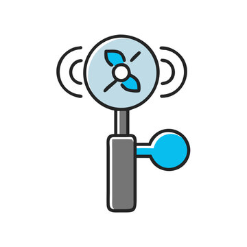 Stylized illustration of handheld anemometer measuring wind speed on black background, science and weather concept