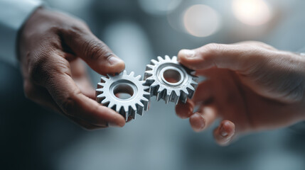 Two hands holding metal gears together, teamwork, collaboration, partnership, business cooperation, mechanical connection, problem solving