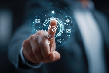 Close-up of a hand interacting with a digital interface, displaying business icons and symbols