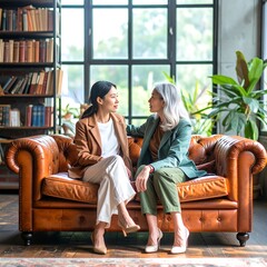 Obraz premium Two women talking on a couch in a bright room