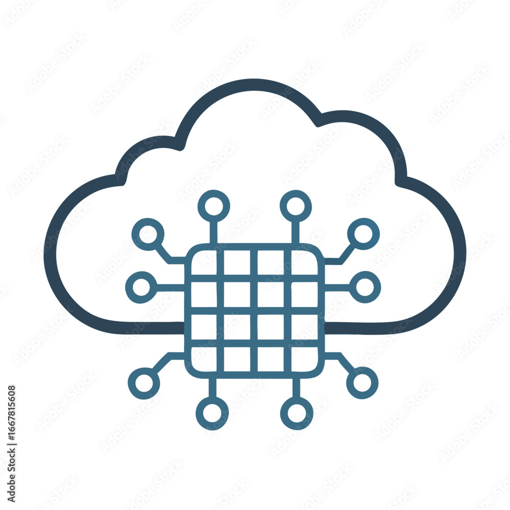 Poster digital cloud technology concept with microchip, representing data storage and processing in a moder