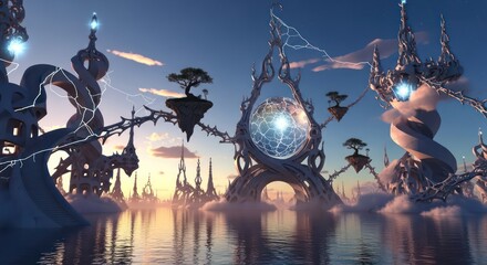 Futuristic Cityscape with Floating Islands, Energy Sphere, and Water Reflections at Sunset