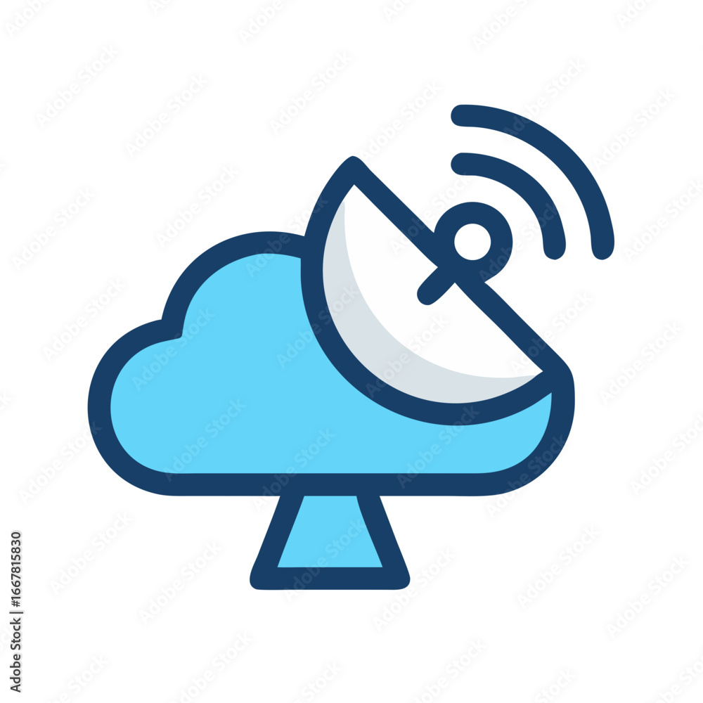 Poster cloud computing icon with satellite dish for network communication in flat design