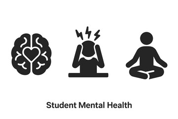 Student mental health icons vector set, solid filled design with brain heart symbol, stressed student with headache, meditation and mindfulness pose illustration
