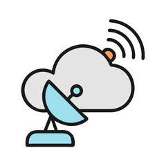 Cloud computing satellite dish with transmission waves on a black background