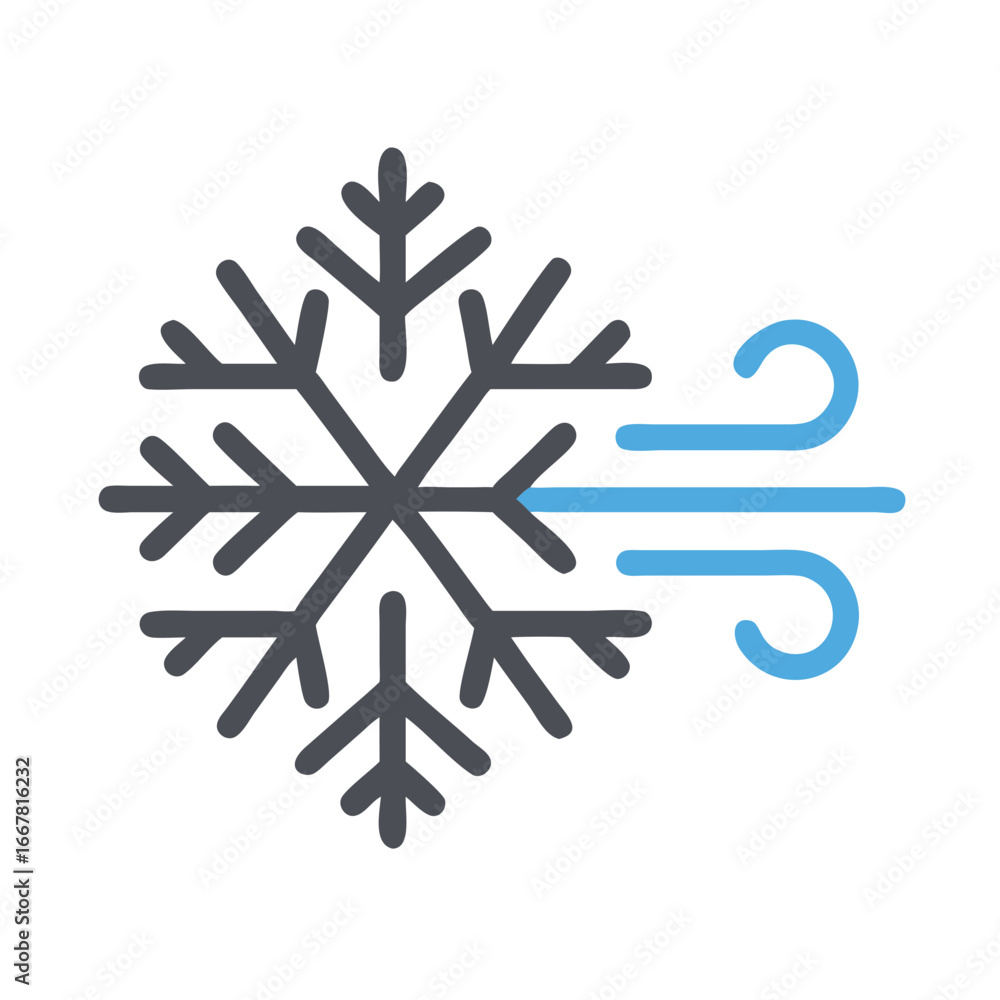 Poster minimalist vector graphic representing cold weather with a snowflake and a wind symbol.