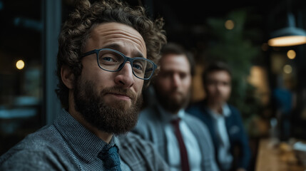 Fototapeta premium Playful business man with a beard and glasses looking at the camera