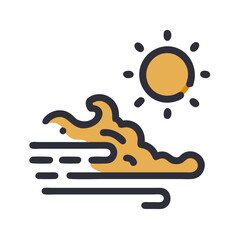 Stylized graphic illustration depicting a desert sandstorm with the sun shining above in a black background