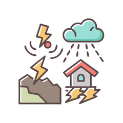 Illustrated natural disasters icon representing earthquake, lightning and rain with a small house on black background