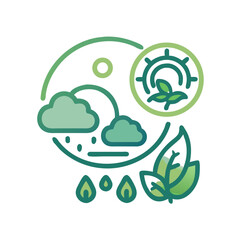 Sustainable growth cycle depicting rain clouds, falling raindrops and green leaves within stylized circle