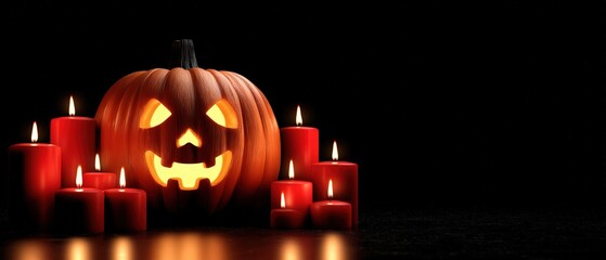 Spooky Halloween pumpkin with glowing face and multiple red candles on dark background