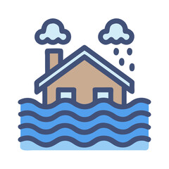 Illustration of a house inundated by floodwaters under rainy clouds concept of natural disaster