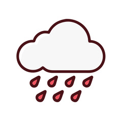 Minimalist white cloud with red raindrops icon, on a black backdrop, clean and simple weather representation.