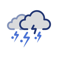 Stylized Weather Icon: Clouds with Lightning Strikes on a Black Background, Depicting Thunderstorm