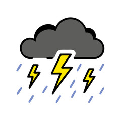 Stylized Weather Icon: Gray Cloud with Yellow Lightning and Blue Rain on Black Background