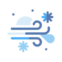 Flat Vector Icon Illustrating Blustery Weather with Snow, Moon and Wind