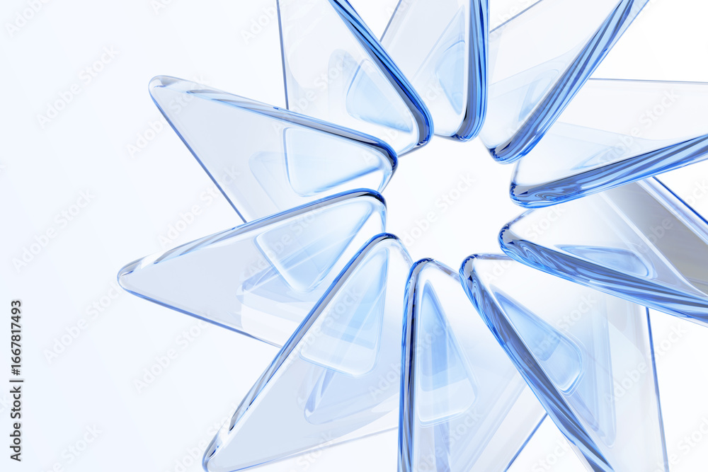 Poster light blue 3d background with circular effect of glass transparent triangle plate shapes. abstract g
