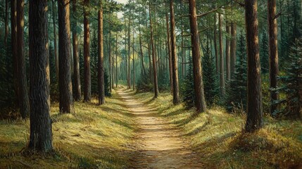 Obraz premium Sunny woodland path through tall trees.