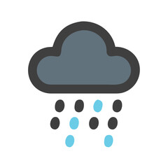Vector icon of a cartoon grey cloud with blue raindrops falling on a black background
