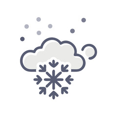 Stylized vector icon showing a fluffy cloud with a snowflake and falling snow on a black background