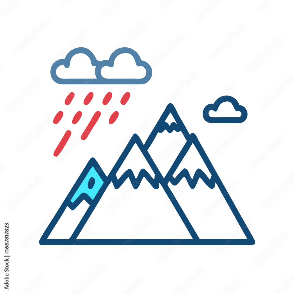 Poster minimalist mountainscape with rain clouds: a simple iconographic representation of nature and weathe