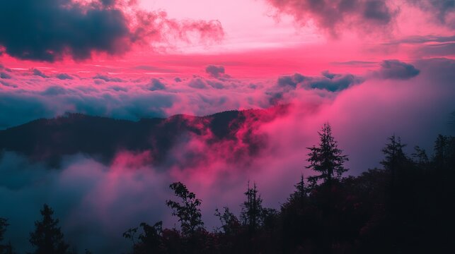 Vibrant pink sunset over misty mountaintops - Powered by Adobe
