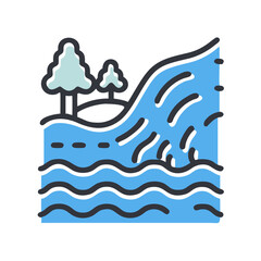 Stylized Waterfall Icon Depicting Nature and Fresh Water Ecosystem with Trees