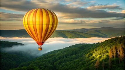 Naklejka premium Hot air balloon soaring above misty mountains and lush green forests at sunrise, travel concept