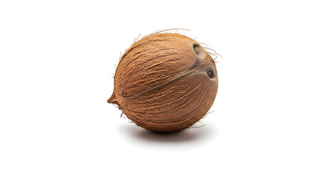 floating coconut on white background with rough brown husk