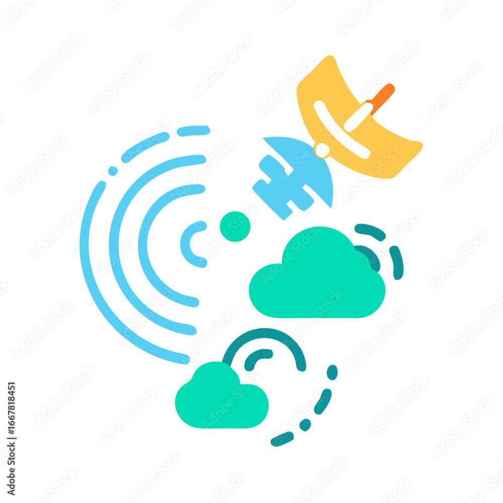 Poster satellite communications connecting clouds with data transfer shown in a modern minimalist style
