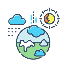 Stylized Earth with clouds, rain and sun against a black background showing weather and climate