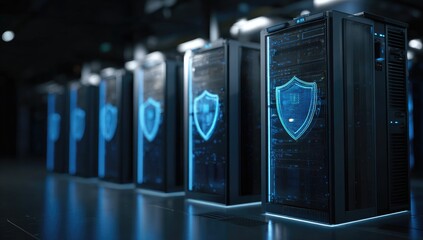 Row of servers with glowing shields, dark background, digital network protection