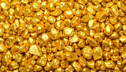 Golden nugget cluster fills frame, creating luxurious, shiny, and opulent background, evoking wealth and prosperity with rich, metallic texture and vibrant yellow color
