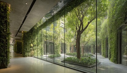 Modern interior space with vertical gardens, large windows revealing a lush courtyard