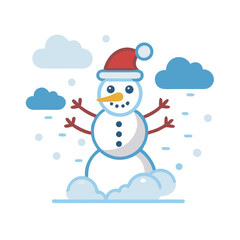 Festive snowman wearing a santa hat surrounded by falling snow and winter clouds