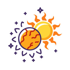 Stylized planets and stars illustration with flat design on black background representing solar system exploration