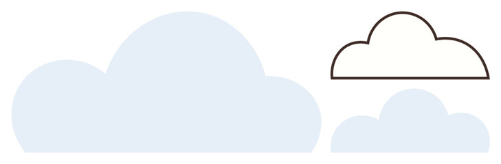 Three cloud shapes in various styles, sizes, and tones, including soft solid fills and one outlined. Ideal for weather, sky, nature, serenity simplicity abstract art digital graphics. Simple flat