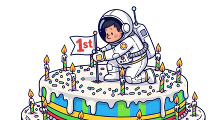 Astronaut celebrates first birthday on giant cake with candles, a fun and memorable moment
