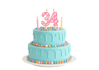 34 Birthday Cake with Festive Number Candle Isolated PNG