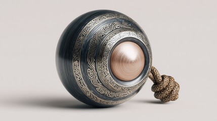 Ornate sphere with metal trim and rope, casting a soft shadow on a plain background