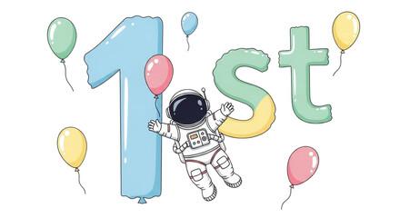 Astronaut celebrates first place victory with balloons and the number one symbol in space