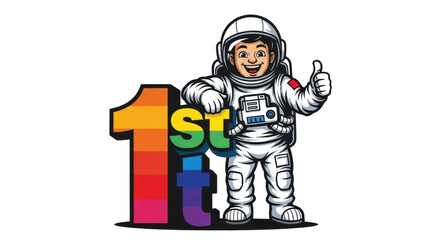 Astronaut gives thumbs up for 1st place achievement with rainbow colored number and text, success!