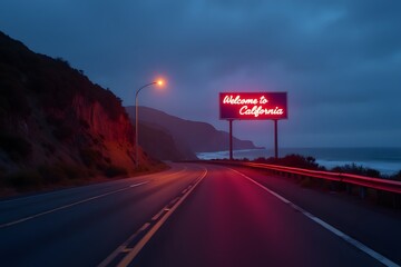 Empty coastal road with neon “Welcome to California” glowing by cliffs.
