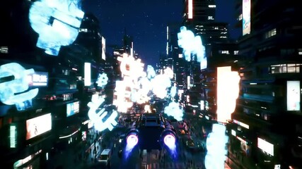 Futuristic cityscape at night with neon lights and floating digital symbols in a bustling environment - Powered by Adobe