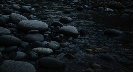 Fototapeta premium Smooth Stones on Dark Riverbed background for yoga or meditation . Generative AI
