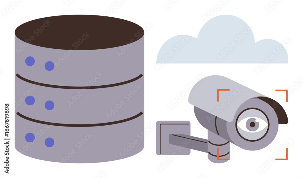 Poster camera monitoring system paired with a database server and cloud icon. ideal for data security, surv