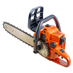 Orange chainsaw with a black handle and safety guard, isolated on white background
