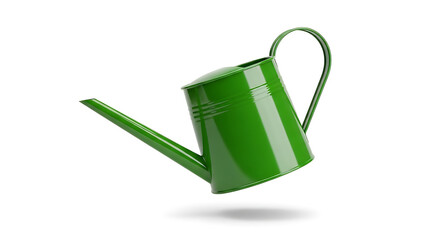 floating green watering can on white background with spout and handle