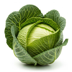 Fototapeta premium Ultra-realistic single green cabbage head slightly tilted showing natural leaf textures isolated on white background for stock and culinary use