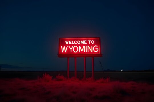 Isolated neon “Welcome to Wyoming” glowing in vast plains at night.
 - Powered by Adobe